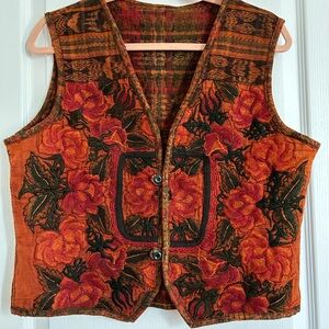 Source Unknown Orange & Red Floral Velvet Vest